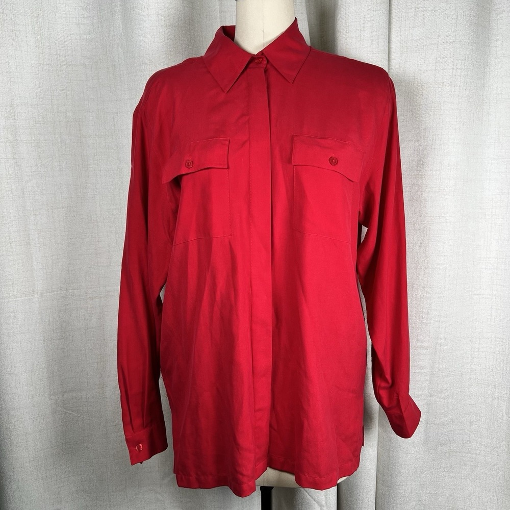 NEW! Vintage 90s Christie & Jill 100% Silk Blouse Red Women's Large Button Down